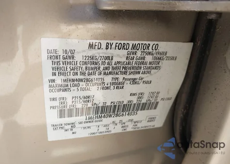 2008 Mercury Sable z USA, uszkodzony, nr VIN 1MEHM40W28G614035